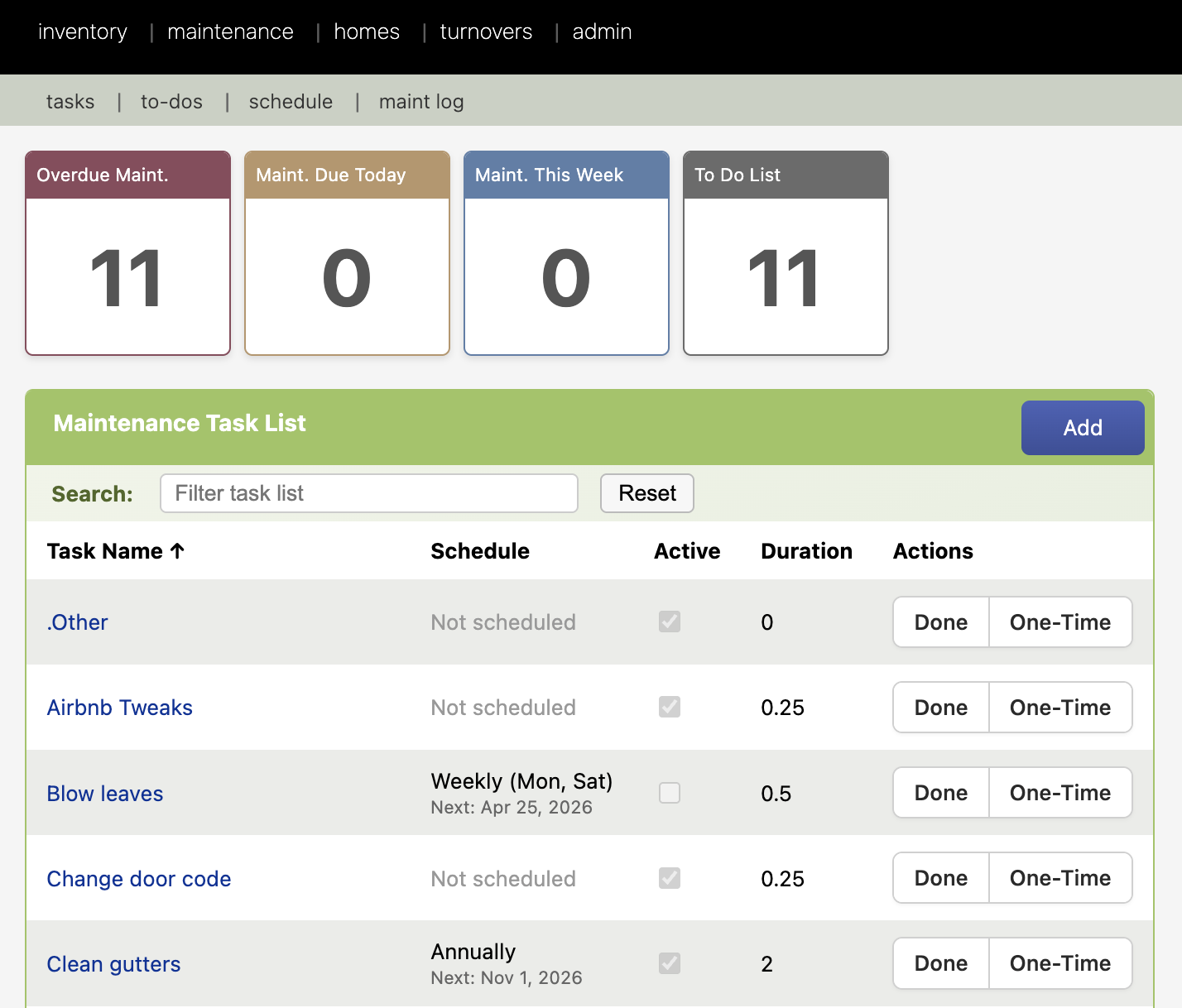 HostLogic maintenance task list with overdue and upcoming counts