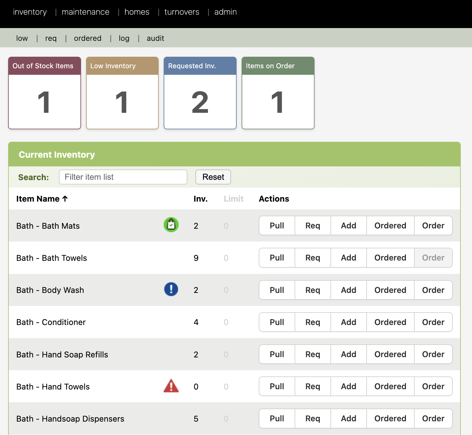 HostLogic current inventory dashboard with stock levels and actions