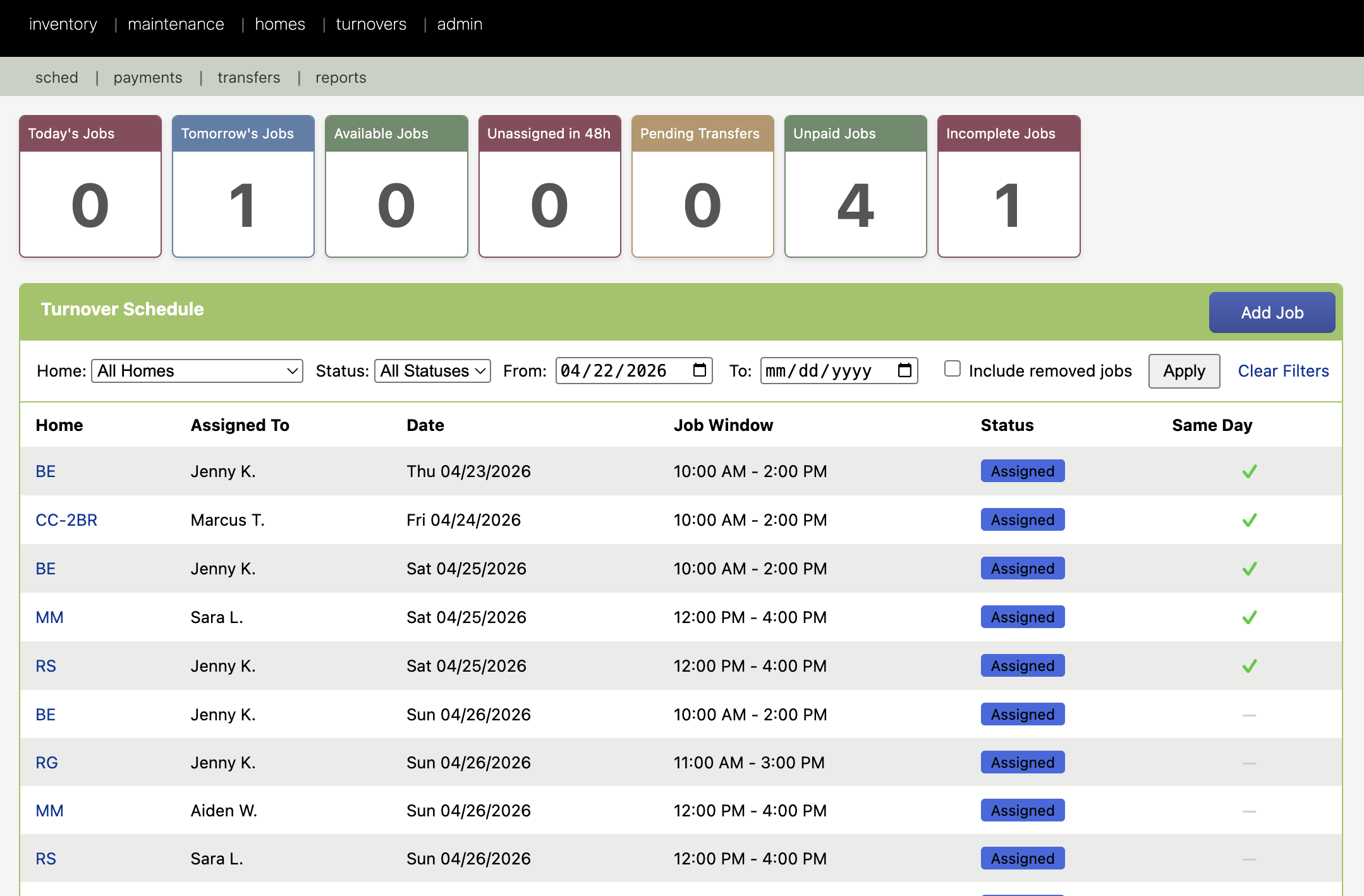 HostLogic turnover board showing today's cleaning jobs across multiple properties