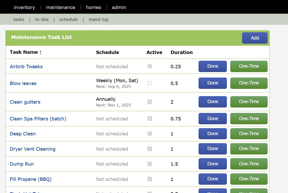 Maintenance Task List